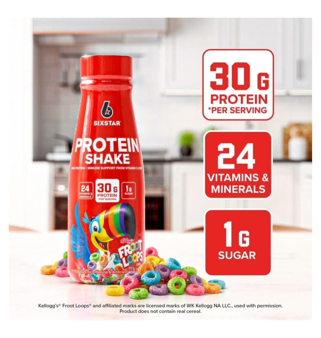 Six Star Kellogg's 30g Loops Protein Shake, (Pack of 15) | 160 Calories, 24 Vitamins and Minerals 1g Sugar |Muscle Building & Recovery Plus Immune Support for Men & Women | 11 Fl oz Bottle, 15 pk