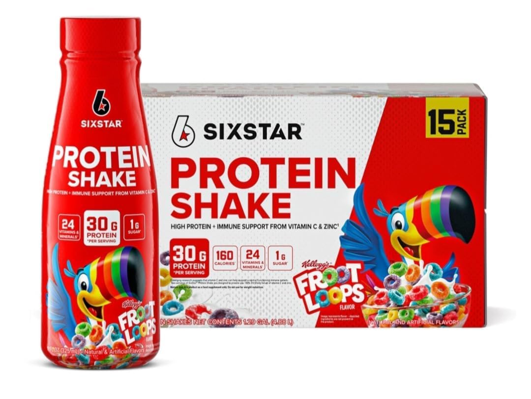 Six Star Kellogg's 30g Loops Protein Shake, (Pack of 15) | 160 Calories, 24 Vitamins and Minerals 1g Sugar |Muscle Building & Recovery Plus Immune Support for Men & Women | 11 Fl oz Bottle, 15 pk
