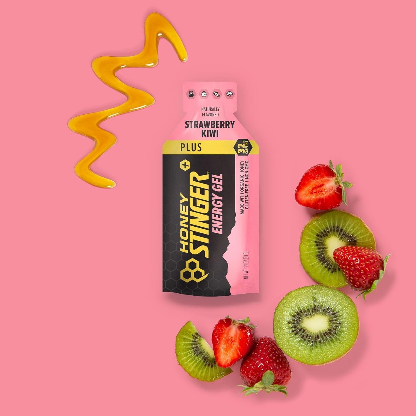 Honey Stinger Strawberry Kiwi Energy Gel pack with gluten-free, caffeinated sports nutrition for running and workouts.