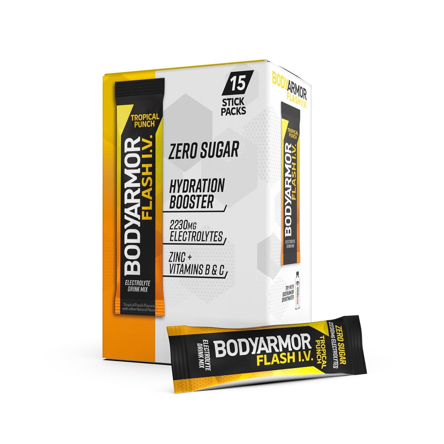 BODYARMOR Flash IV Electrolyte Packets, Zero Sugar Drink Mix, Single Serve Packs, Coconut Water Powder, Hydration for Workout, Travel Essentials, Just Add Sticks to Liquid (15 Count)
