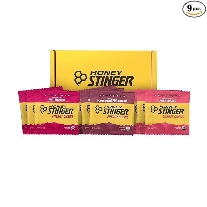 Honey Stinger Organic Energy Chews Variety Pack featuring fruit smoothie, pomegranate passionfruit, and cherry blossom flavors in a 3-pack.