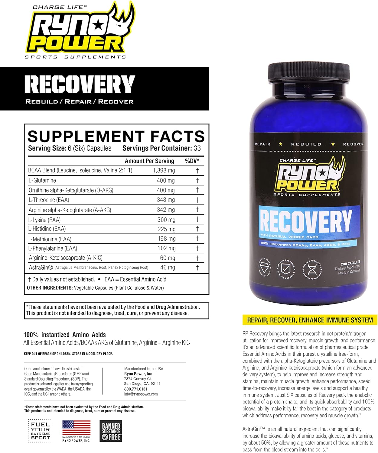 Ryno Power Recovery Capsules - 12 Amino Acids for Muscle Regeneration - Gluten Free & Banned Substance Free