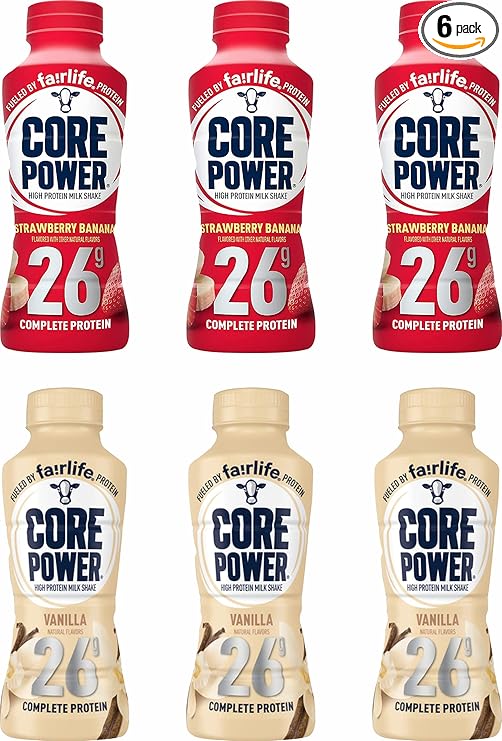 Fairlife Core Power high protein milk shake bottles with natural flavor, featuring strawberries and bananas, 14 fl oz, pack of 6.