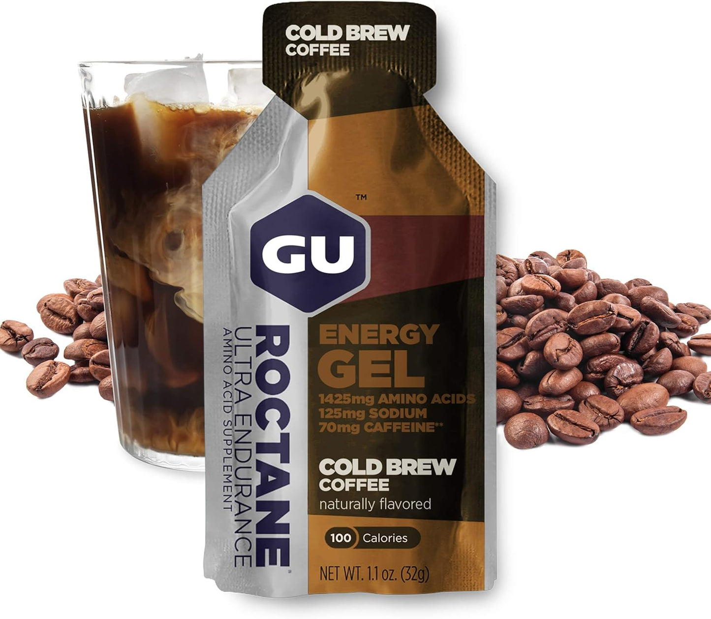GU Energy Roctane Ultra Endurance Energy Gel, Vegan, Gluten-Free, Kosher, and Dairy-Free On-The-Go Sports Nutrition for Running, Biking, Hiking or Skiing, Cold Brew 2X Caffeine (24 Packets)