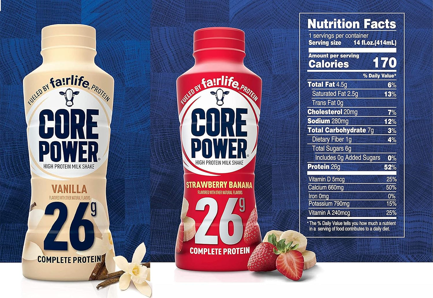 Fairlife Core Power high protein milk shakes in strawberry banana and vanilla flavors, 14 fl oz bottles, pack of 6, ready-to-drink protein drinks.