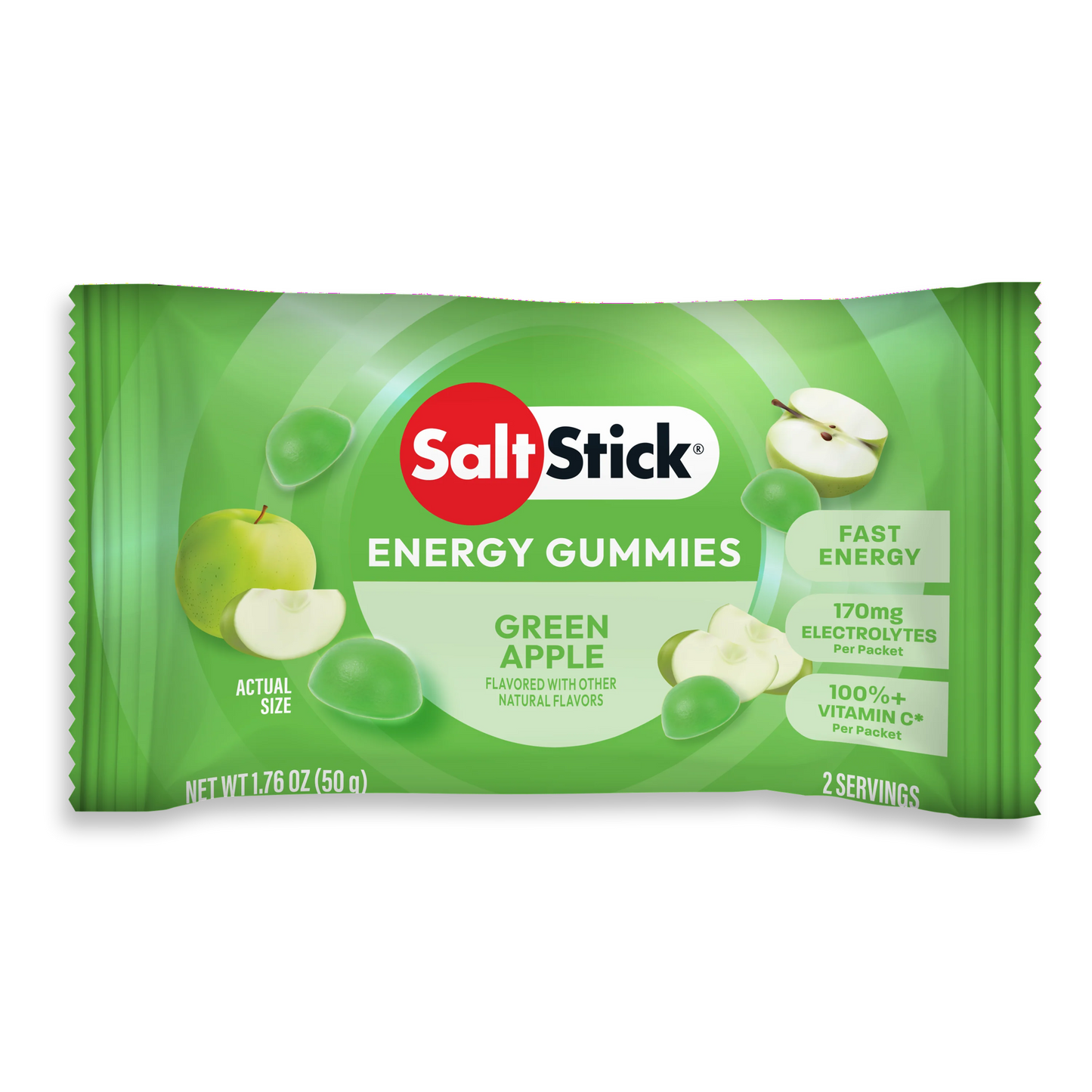 SaltStick Energy Gummies box with colorful chew packages for electrolyte and carbohydrate replacement during sports.