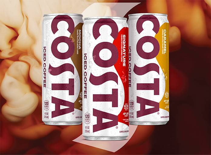 Twelve 11 fl. oz. cans of Costa Coffee iced coffee arranged in a pack on a neutral background.