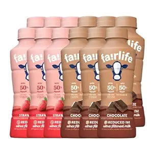 Fairlife 2% Reduced Fat Milk variety pack with chocolate and strawberry flavors in 14 oz bottles, 12-pack, grocery product.
