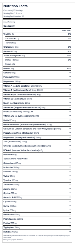 First Endurance Ultragen Recovery Drink in chocolate flavor, shown in a scoop with powder and serving size details.