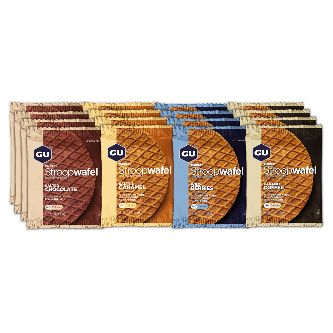 GU Energy Stroopwafel box containing 16 energy bars with a mix of flavors, showcasing the waffle texture and packaging.