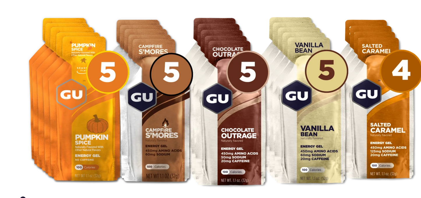GU Energy Sweet Treat energy gel box with 24 mixed flavors, a dessert-inspired energy boost for workouts.