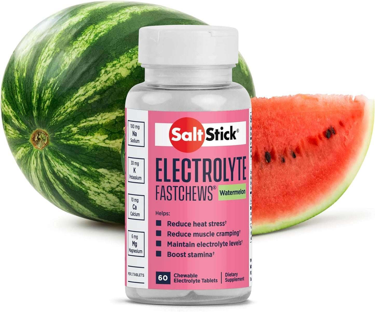 SaltStick Fastchews Buffered Electrolyte Salts Tablets in Watermelon flavor, 60 count, displayed in a colorful packaging.