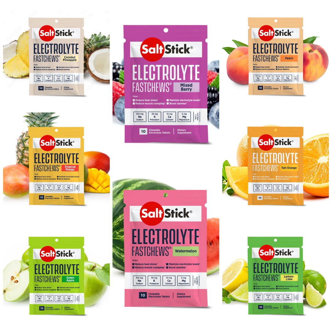 SaltStick Fastchews electrolyte replacement tablets in a 4-pack, used for hydration, exercise recovery, and sports performance.