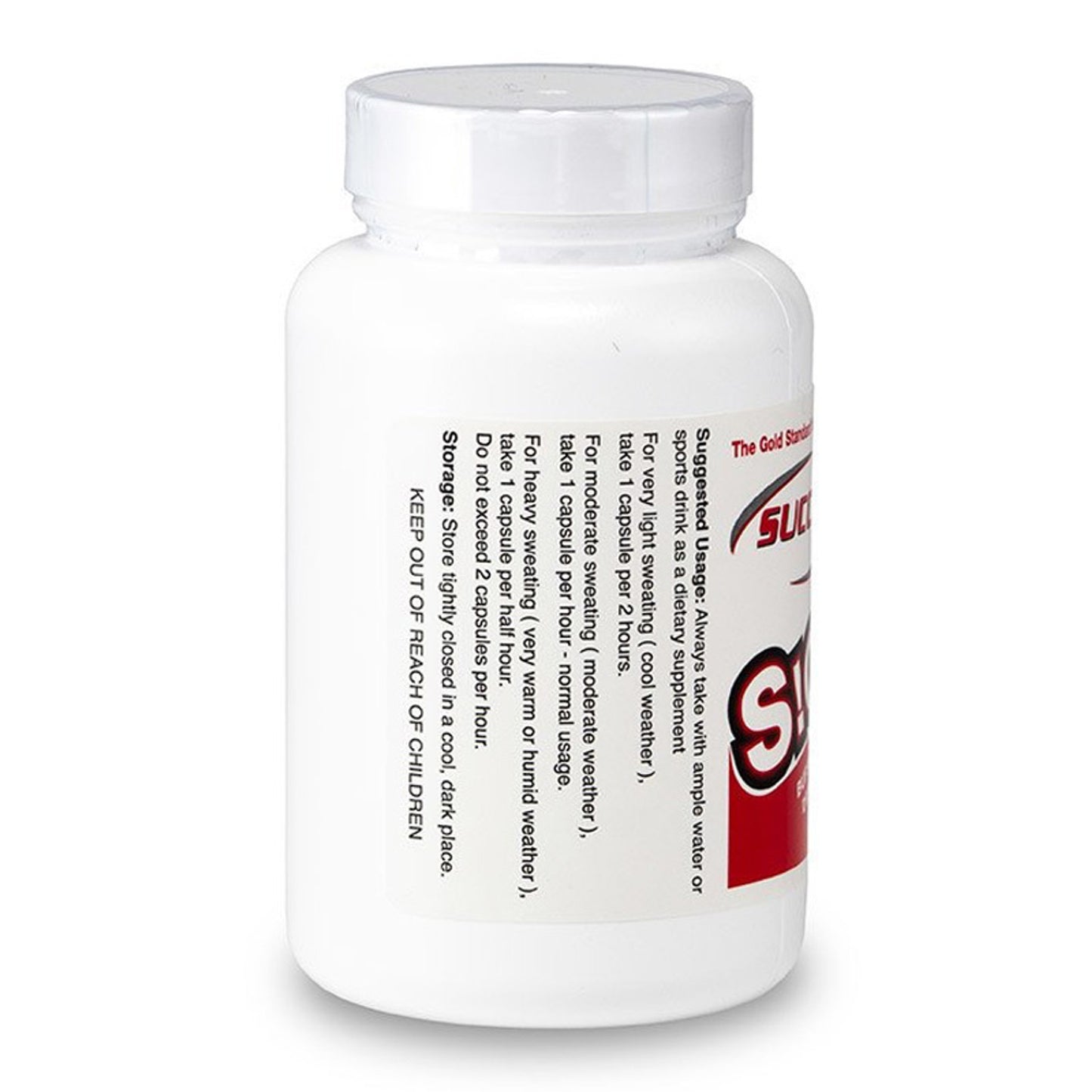 Succeed Sports Nutrition Electrolyte Replacement Capsules, 100 count, in a clear bottle with a white cap on a neutral background.
