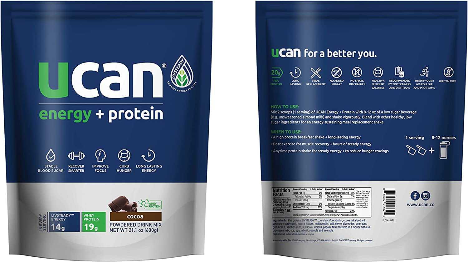 Energy + Whey Protein Powder - 19G per Serving with Amino Acids Eaas & Bccas - Keto Protein Powder - No Added Sugar, Gluten-Free - Cocoa - 12 Servings