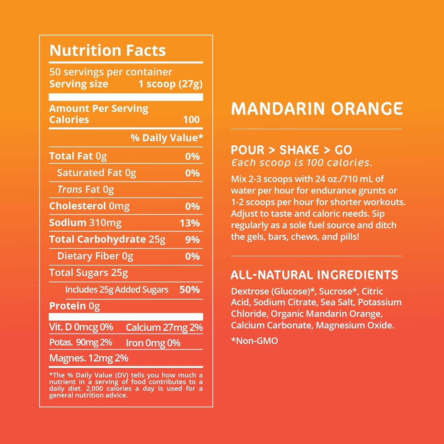 Endurance Fuel Mandarin Orange 50 Servings, Hydration Drink Mix with Electrolytes and Calories, Non-Gmo, Free of Soy, Dairy, and Gluten, Vegan Friendly