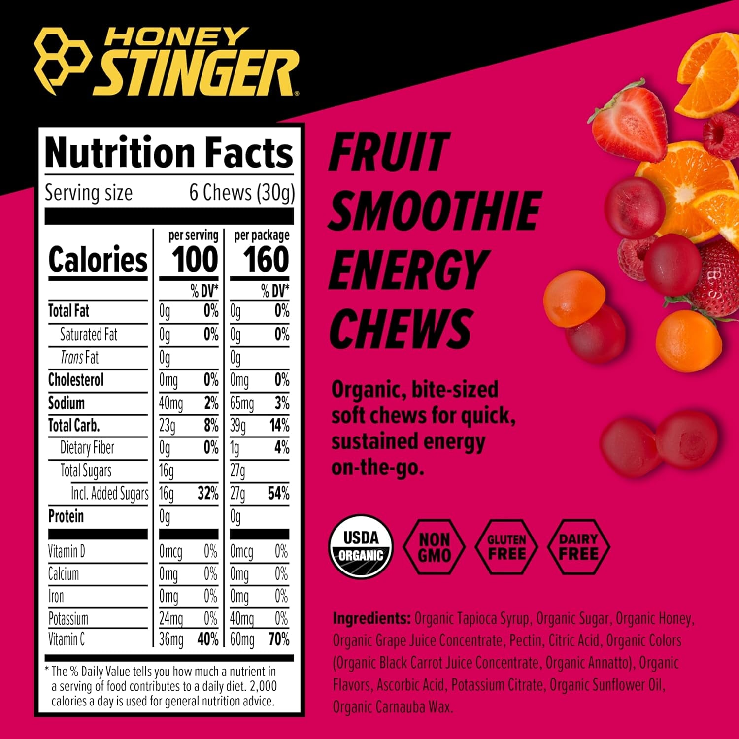 Organic Fruit Smoothie Energy Chew | Gluten Free & Caffeine Free | for Exercise, Running and Performance | Sports Nutrition for Home & Gym, Pre and Mid Workout | 12 Pack, 21.6 Ounce