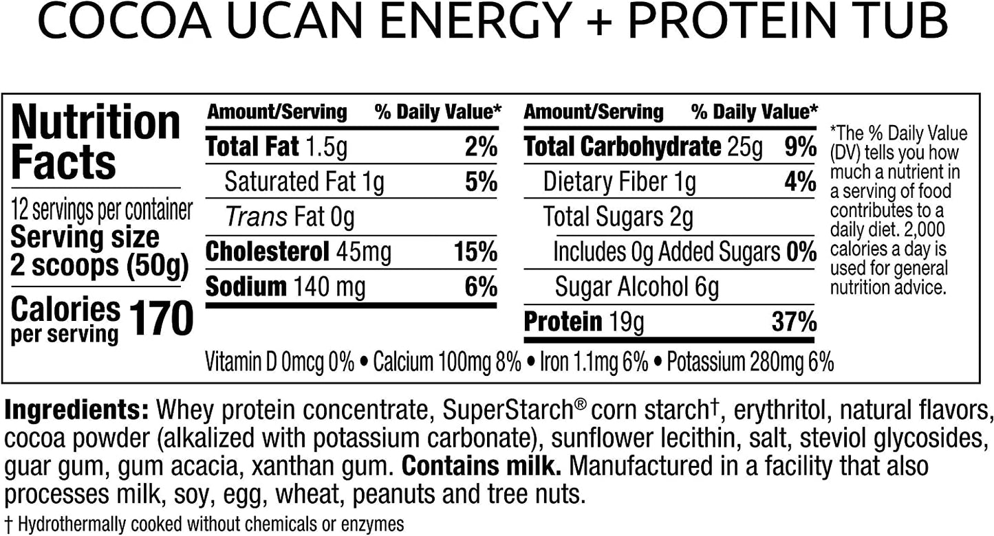 Energy + Whey Protein Powder - 19G per Serving with Amino Acids Eaas & Bccas - Keto Protein Powder - No Added Sugar, Gluten-Free - Cocoa - 12 Servings