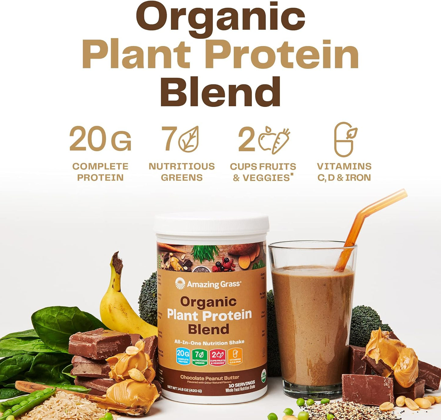 Organic Plant Protein Blend: Vegan Protein Powder, New Protein Superfood Formula, All-In-One Nutrition Shake with Beet Root, Chocolate Peanut Butter, 10 Servings, 14.8 Ounce (Pack of 1)