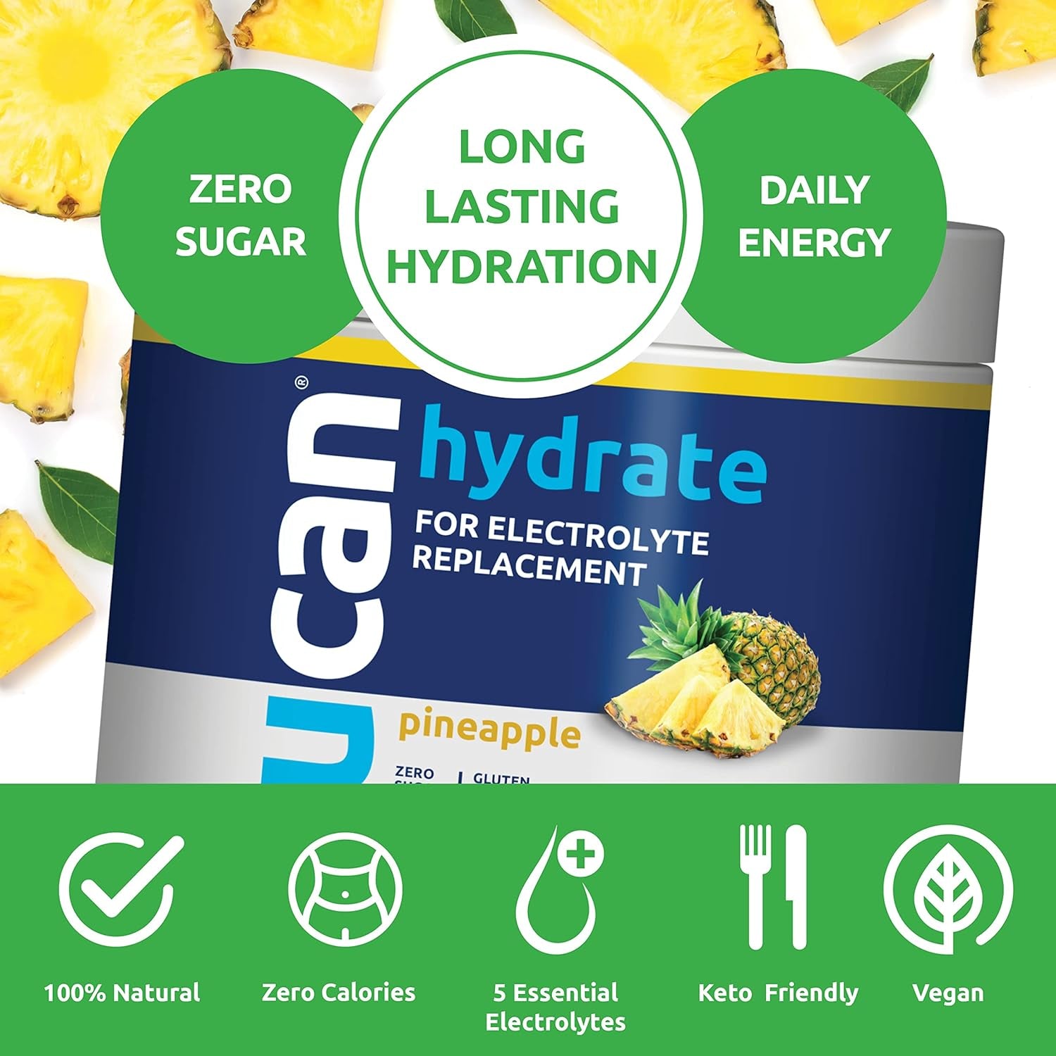 Hydrate, Pineapple, Keto, Sugar-Free Electrolyte Replacement for Men & Women, Non-Gmo, Vegan, Gluten-Free, Great for Runners, Gym-Goers and High Performance Athletes | 30 Servings (3.15 Ounces)