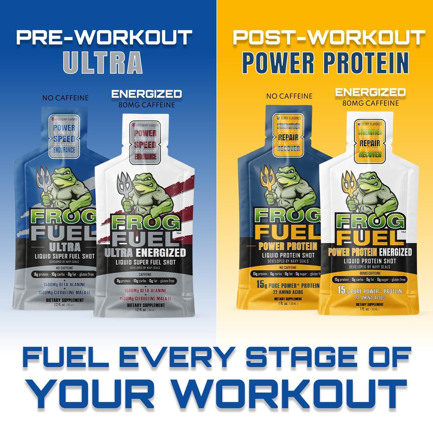 Power Energized Complete Protein Shot by PROLINE SPORTS NUTRITION in berry flavor, showing 1 oz packet with label and ingredients.