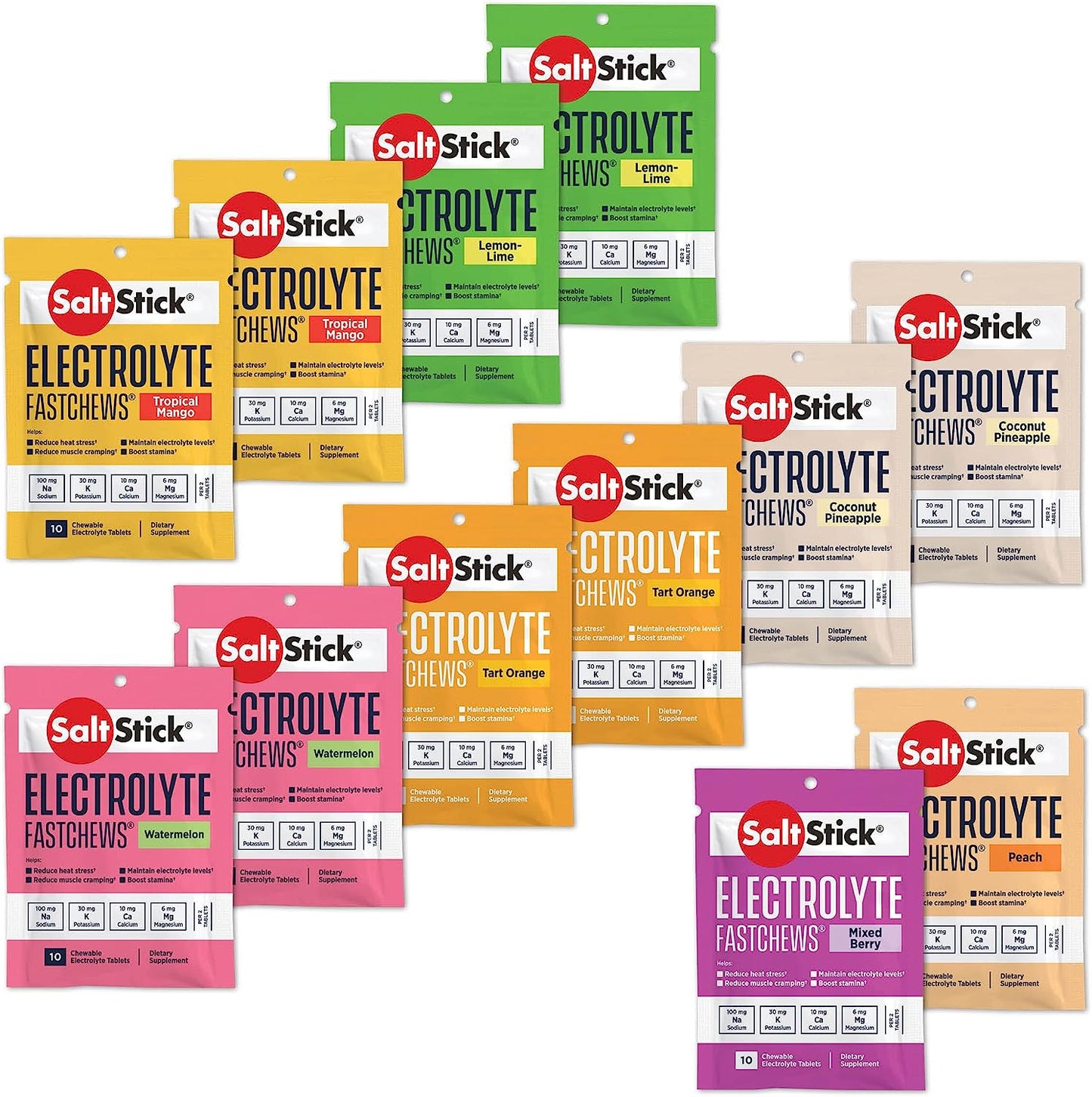 Electrolyte Fastchews Chewable Tablets | 120 Count - Variety Pack | Salt Tablets for Runners and Sports Nutrition, Hydration Tablets, Electrolyte Chews | 12 Packets, 10 Tablets Each