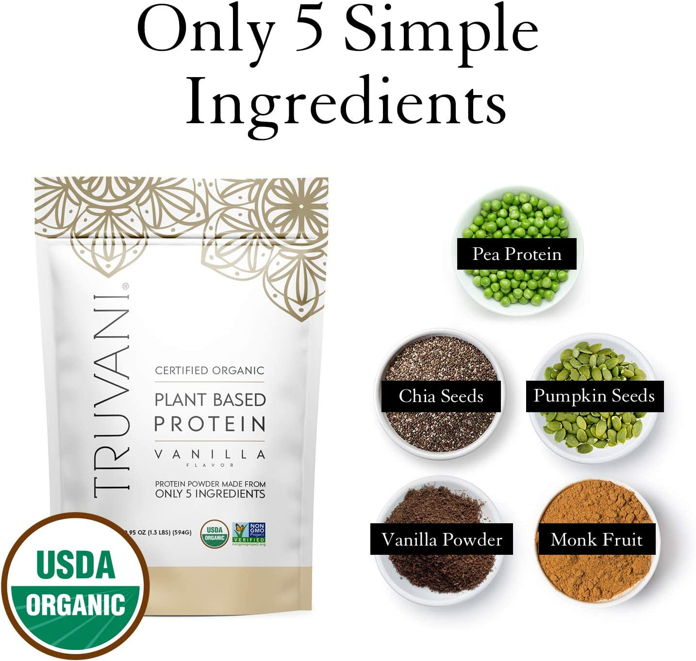 Organic Vegan Protein Powder, Organic Pea Protein Powder, Vegan, Non GMO, Gluten/Diary Free, Vanilla, 20.9Oz (1Pk, 20 Servings)