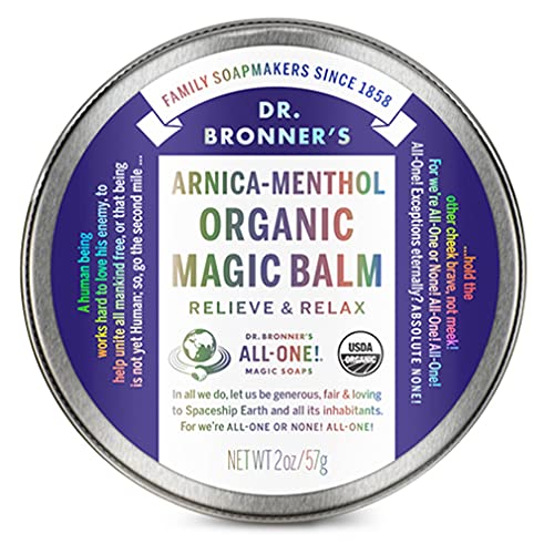 Dr. Bronner's Organic Magic Balm with arnica and menthol, in a 2 oz jar, used for soothing muscles, joints, and dry skin.