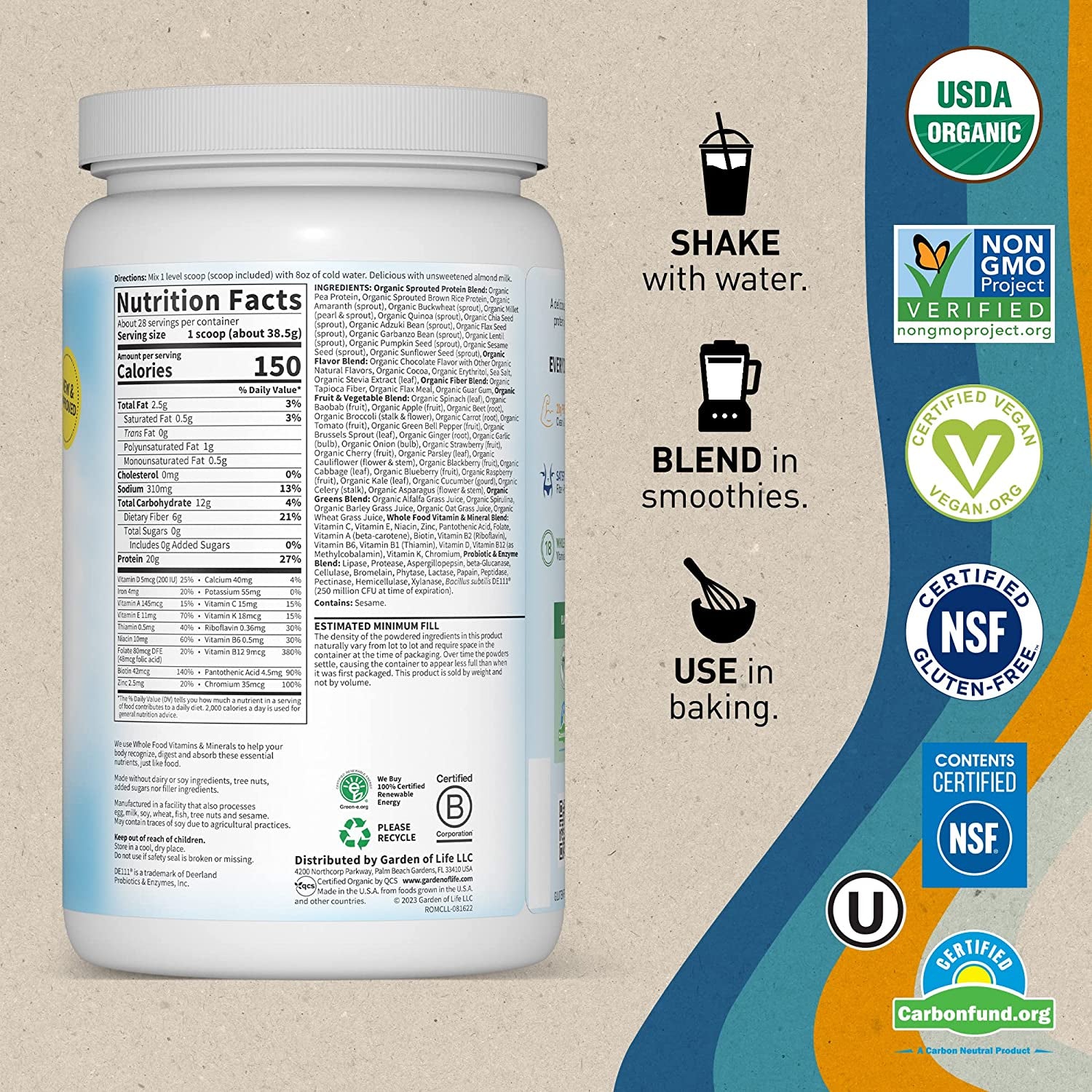 Raw Organic Meal Replacement Shakes - Chocolate Plant Based Vegan Protein Powder, Pea Protein, Sprouts, Greens, Probiotics, Dairy Free All in One Shake for Women and Men, 28 Servings