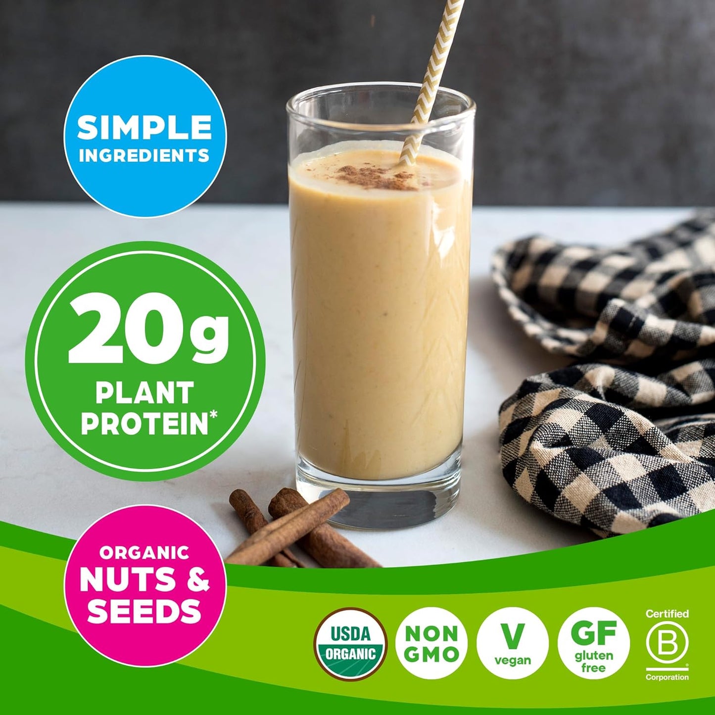 Organic Simple Vegan Protein Powder, Vanilla - 20G Plant Based Protein, Made with Fewer Ingredients, No Stevia or Artificial Sweeteners, Gluten Free, Dairy Free, Soy Free - 1.25Lb