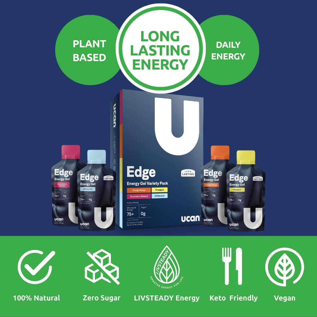 Edge Energy Gel Shots, Variety Pack (12, 2 Ounce Packets) for Running, Training, Workouts, Fitness, Cycling, Crossfit | Sugar-Free, Vegan, & Keto Friendly Energy Supplement