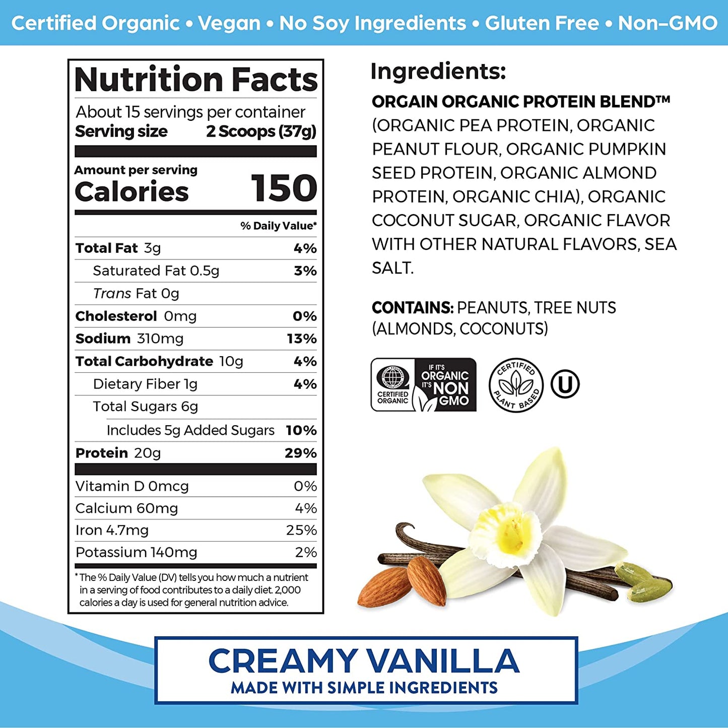 Organic Simple Vegan Protein Powder, Vanilla - 20G Plant Based Protein, Made with Fewer Ingredients, No Stevia or Artificial Sweeteners, Gluten Free, Dairy Free, Soy Free - 1.25Lb