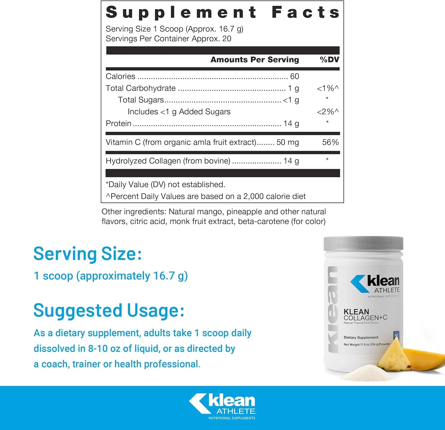 Klean Collagen+C | Supports Musculoskeletal Health to Help Optimize Performance and Mobility | 11.8 Ounces | Natural Tropical Fruit Flavor