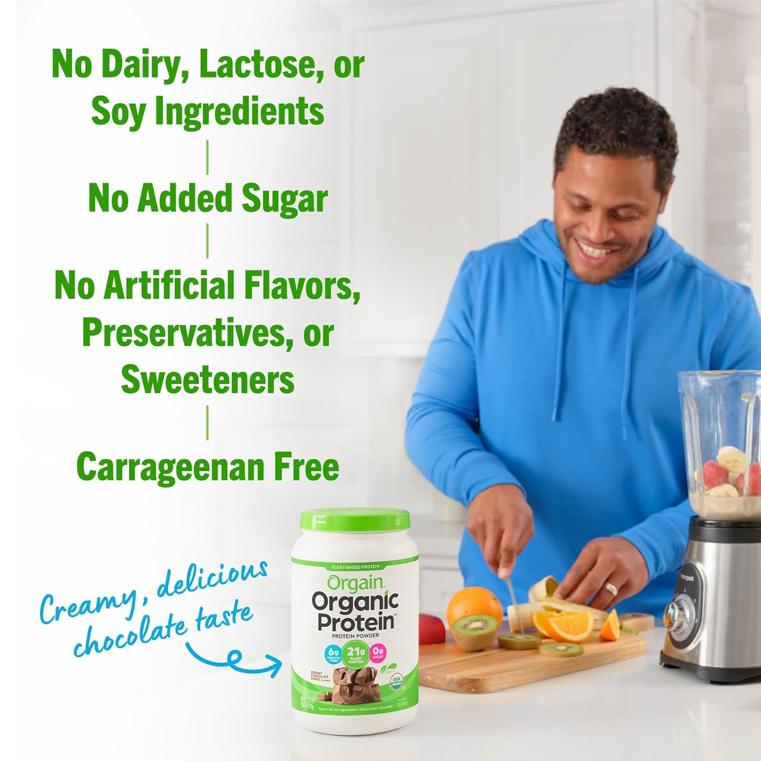 Organic Vegan Protein Powder, Creamy Chocolate Fudge - 21G Plant Based Protein, Gluten Free, Dairy Free, Lactose Free, Soy Free, No Sugar Added, Kosher, for Smoothies & Shakes - 2.03Lb