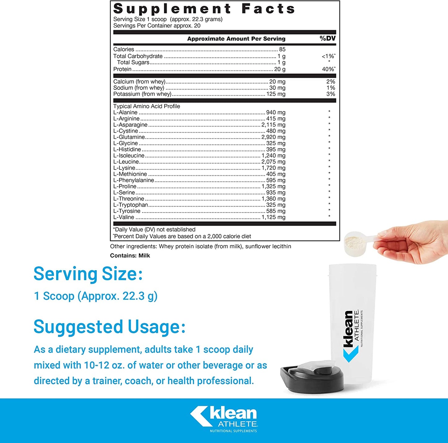 Klean Isolate | Whey Protein Isolate to Enhance Daily Protein and Amino Acid Intake for Muscle Integrity* | NSF Certified for Sport | 20 Servings | Unflavored