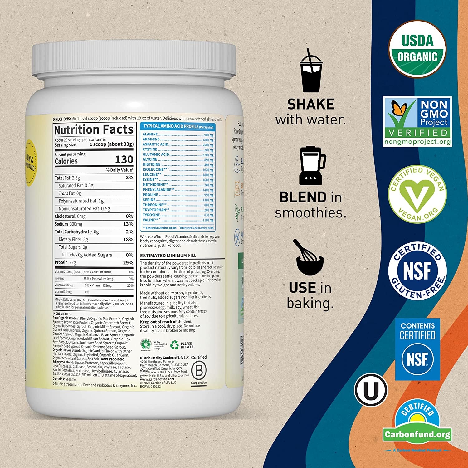 Organic Vegan Vanilla Protein Powder -  – 22G Complete Plant Based Raw Protein & Bcaas plus Probiotics & Digestive Enzymes for Easy Digestion – Non-Gmo, Gluten-Free, Lactose Free 1.5 LB