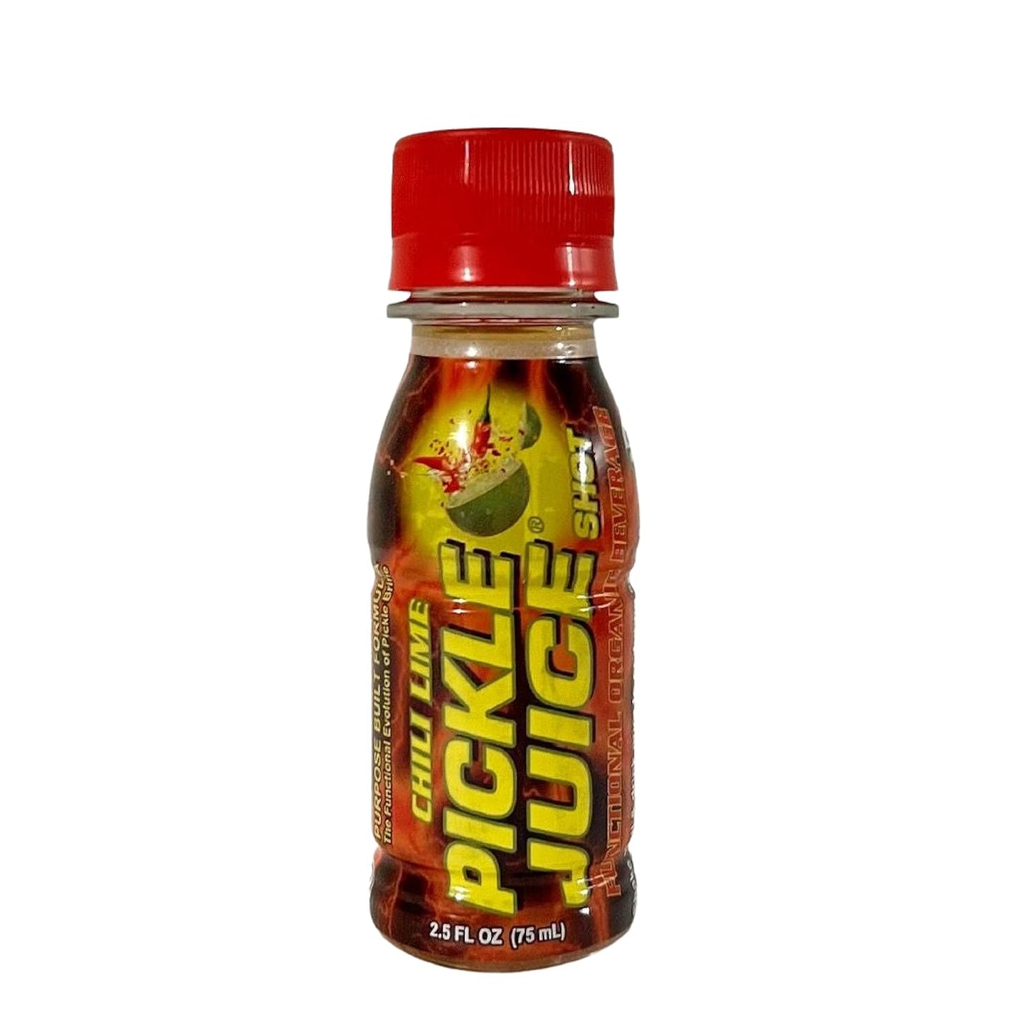 Pickle Juice Sports Drink Shots in chili lime flavor, 2.5 oz bottles, 12-pack, for quick leg cramp relief and electrolyte hydration.