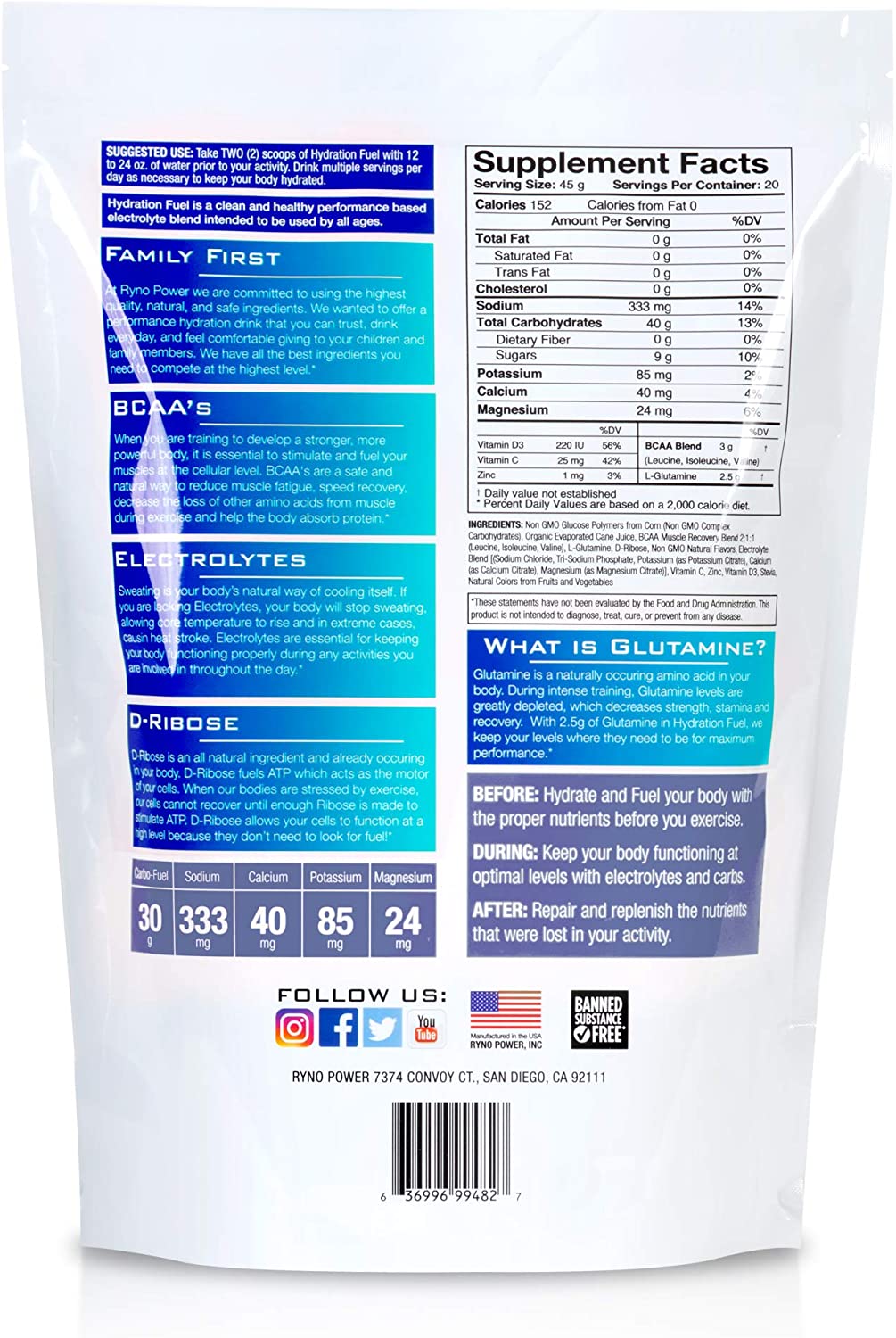 Ryno Power Hydration Fuel - Advanced Electrolyte Formula + BCAA's - Gluten Free - Sustained Energy and Muscle Recovery