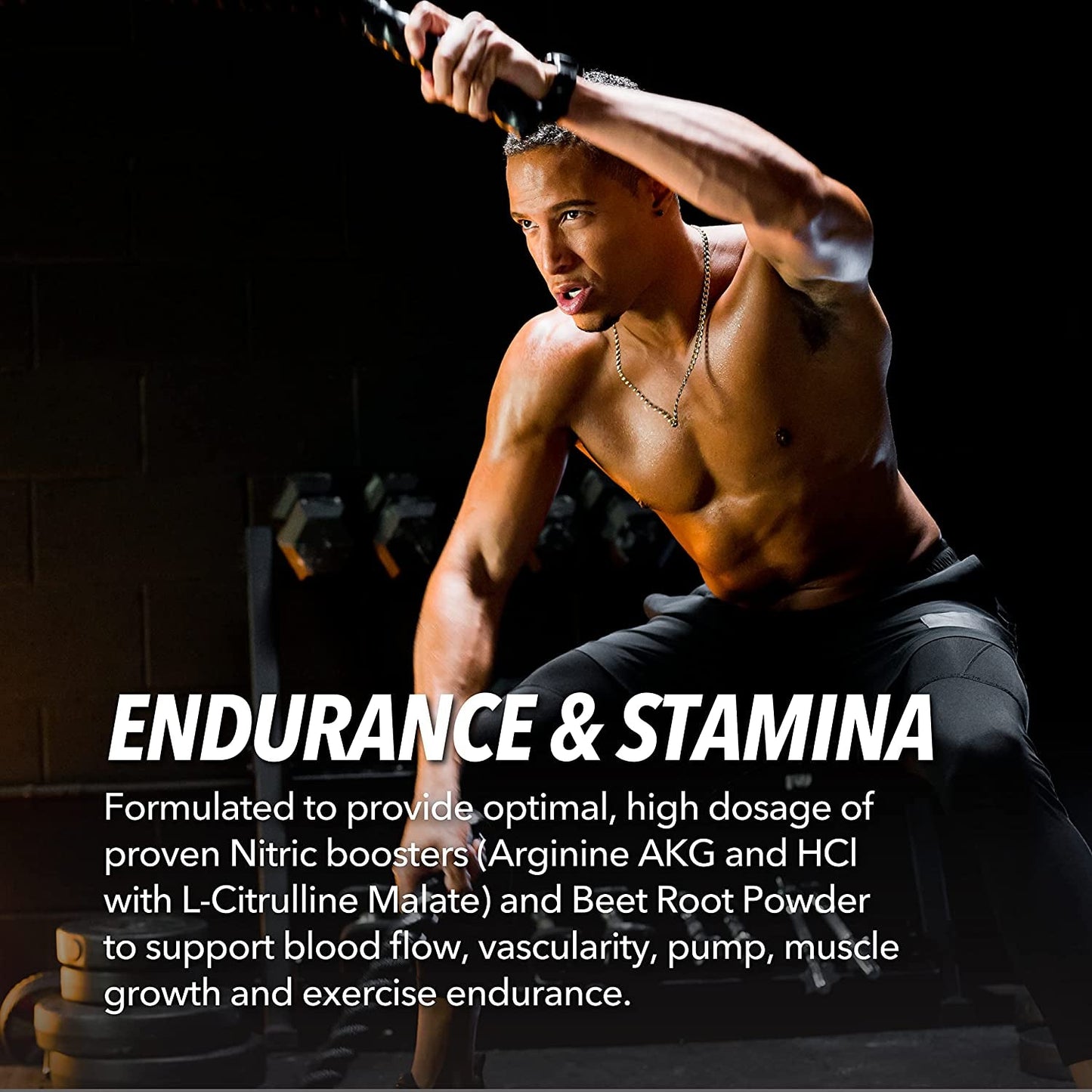 Vegan L-Arginine Nitric Oxide Booster capsules by PROLINE SPORTS NUTRITION for muscle vascularity and stamina enhancement.