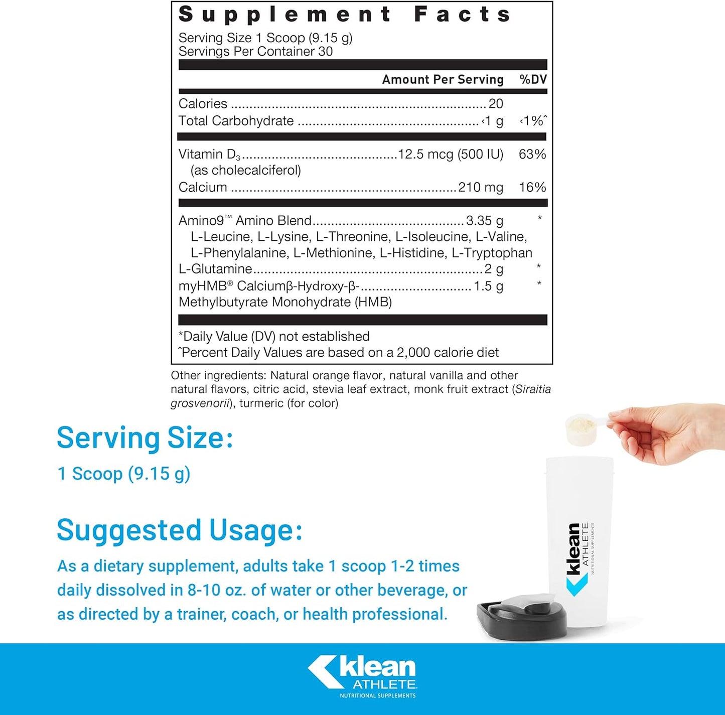 Klean Essential Aminos +HMB | Blend of Essential Amino Acids with HMB, Vitamin D3, and Glutamine for Lean Muscle Mass | 9.7 Ounces