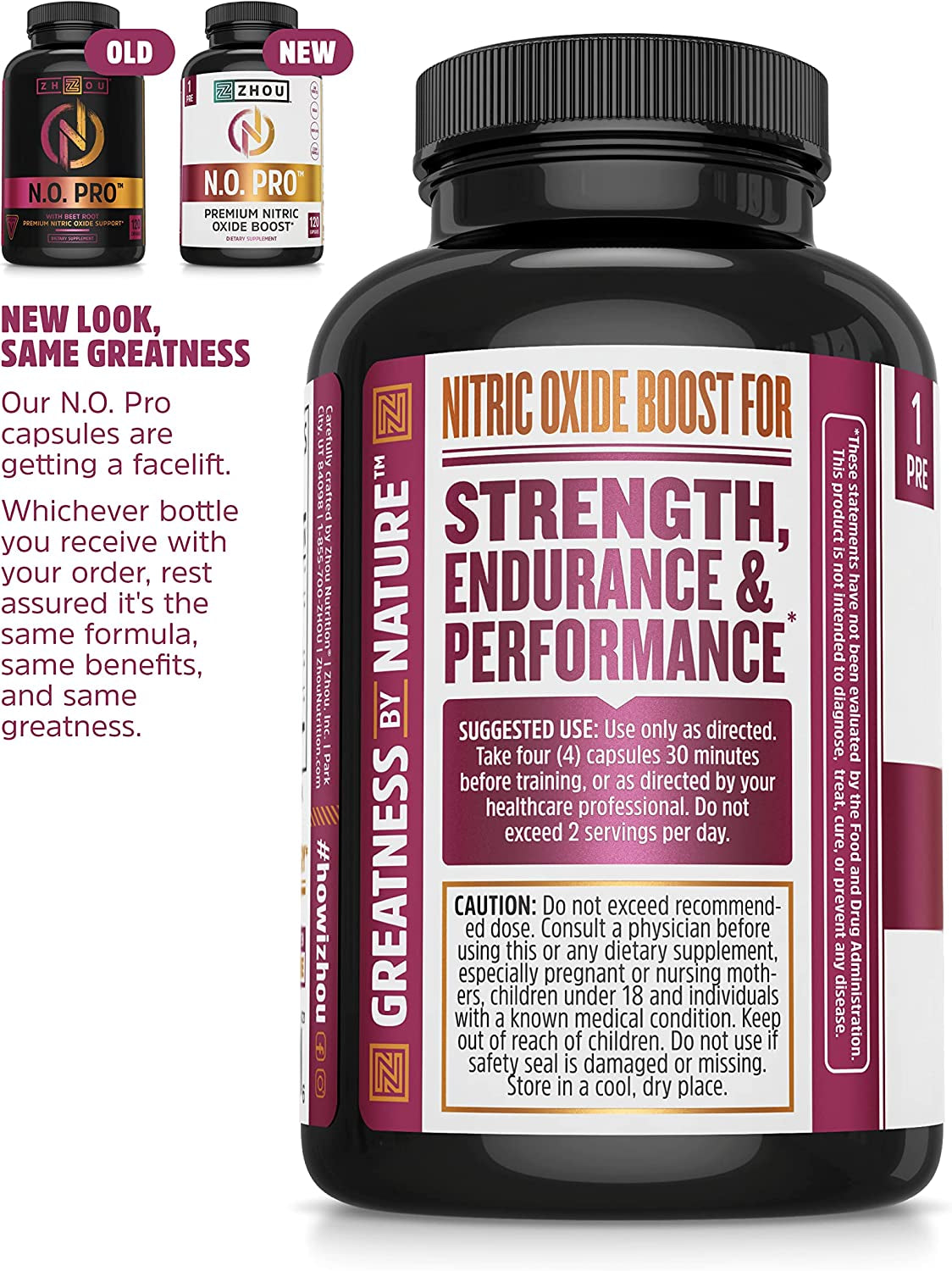 Zhou Nitric Oxide with L Arginine, Citrulline Malate, AAKG and Beet Root | Powerful N.O. Booster and Muscle Builder for Strength, Blood Flow and Endurance | 30 Servings, 120 Veggie Caps