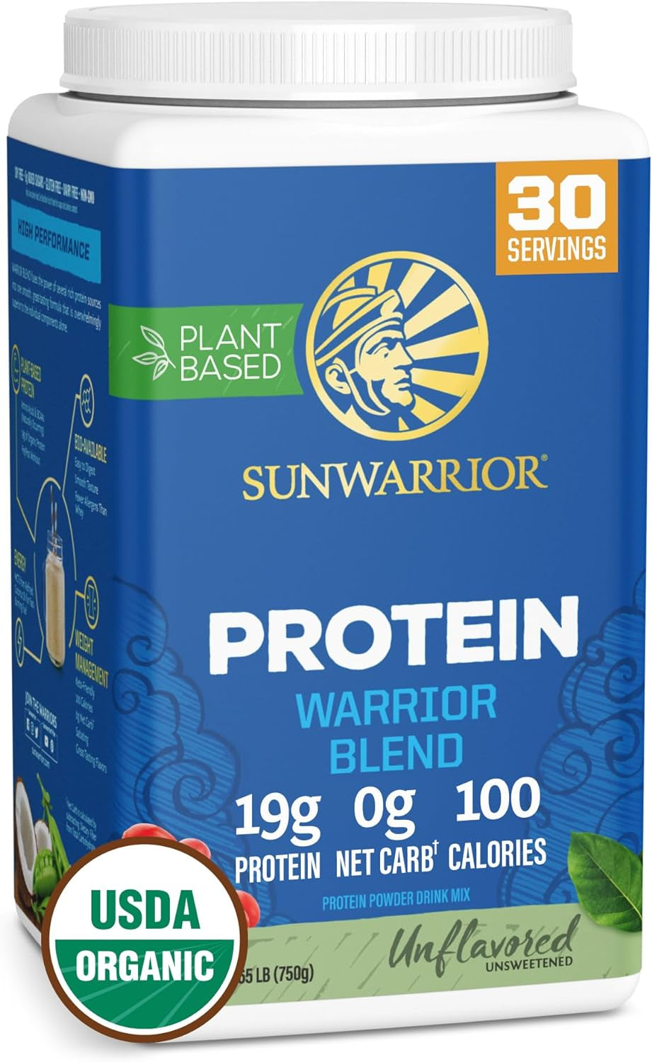 Vegan Organic Protein Powder Plant-Based | BCAA Amino Acids Hemp Seed Soy Free Dairy Free Gluten Free Synthetic Free NON-GMO | Unflavored 30 Servings | Warrior Blend by