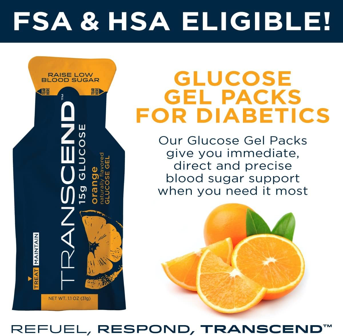 Glucose Gel Packs - Orange, 30 Pack (1.1Oz Each) - FSA/HSA Eligible - Glucose Gel Packs for Diabetics, Blood Sugar Support Alternative to Glucose Tablets - Precise 15G Dose, Made in USA