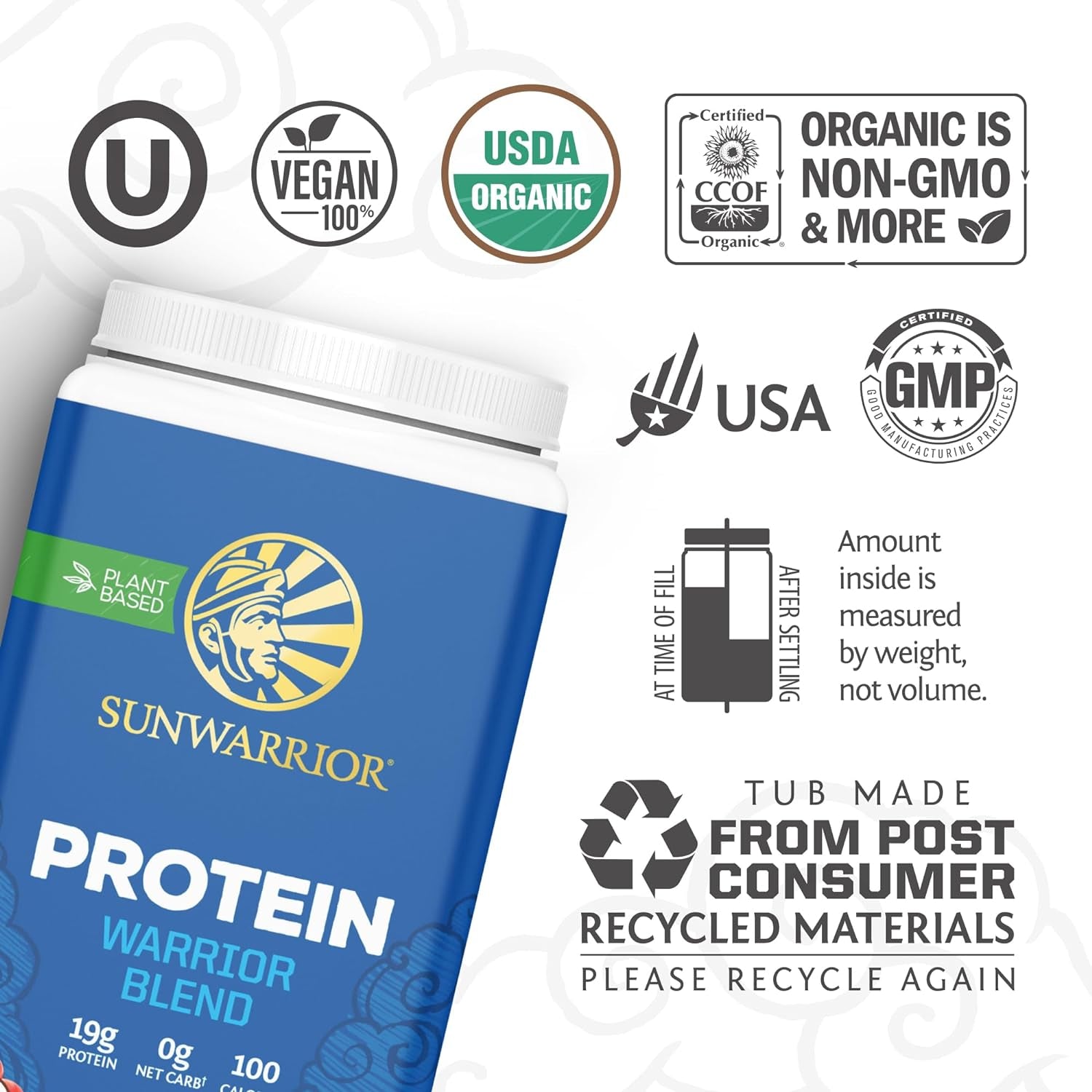 Vegan Organic Protein Powder Plant-Based | BCAA Amino Acids Hemp Seed Soy Free Dairy Free Gluten Free Synthetic Free NON-GMO | Unflavored 30 Servings | Warrior Blend by