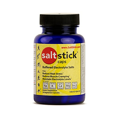 SaltStick electrolyte replacement tablets in a blue bottle, designed for athletes and outdoor activities, vegetarian and gluten free.
