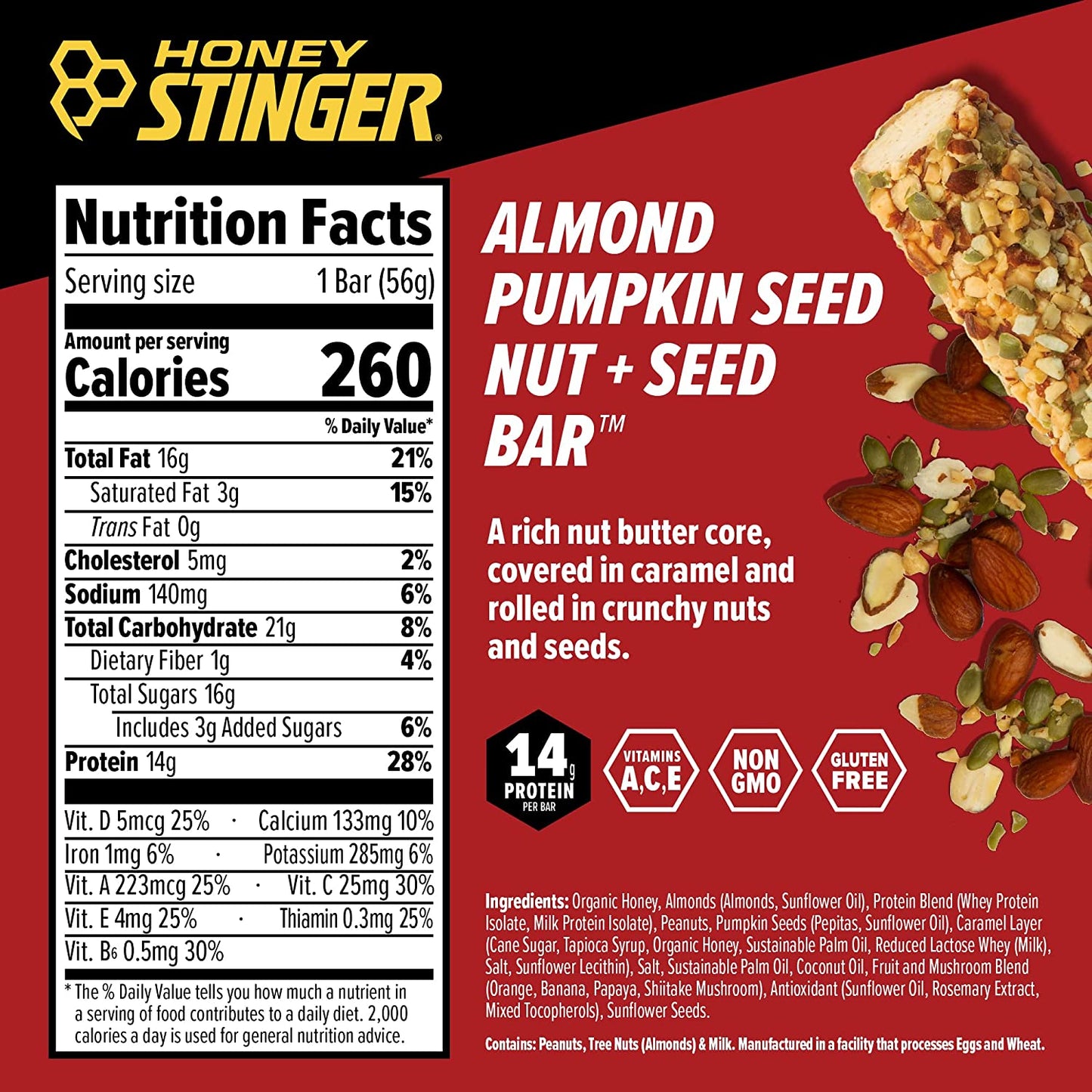 Nut + Seed Bar | Almond Pumpkin Seed | Protein Packed Food for Exercise, Endurance, Performance and Recovery | Sports Nutrition Snack Bar for Home & Gym, Post Workout | Box of 12