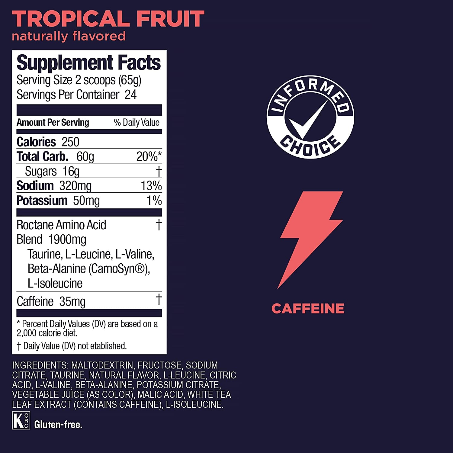 Roctane Ultra Endurance Energy Drink Mix, Vegan, Gluten-Free, Kosher, and Dairy-Free N-The-Go Energy for Any Workout, 3.44-Pound Jar, Tropical Fruit