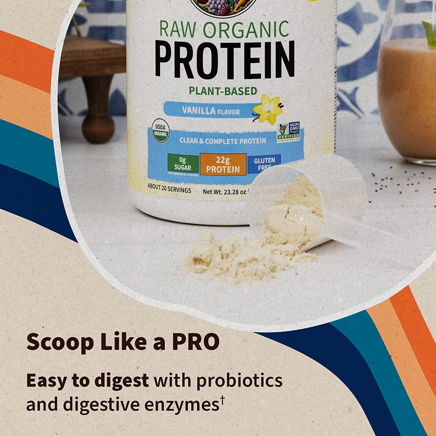 Organic Vegan Vanilla Protein Powder -  – 22G Complete Plant Based Raw Protein & Bcaas plus Probiotics & Digestive Enzymes for Easy Digestion – Non-Gmo, Gluten-Free, Lactose Free 1.5 LB
