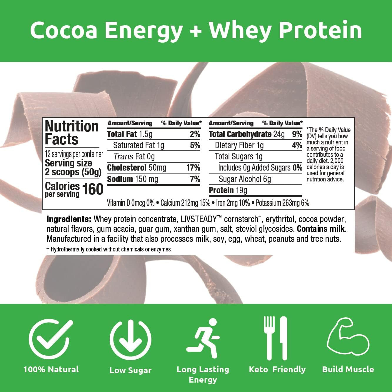 Energy + Whey Protein Powder - 19G per Serving with Amino Acids Eaas & Bccas - Keto Protein Powder - No Added Sugar, Gluten-Free - Cocoa - 12 Servings