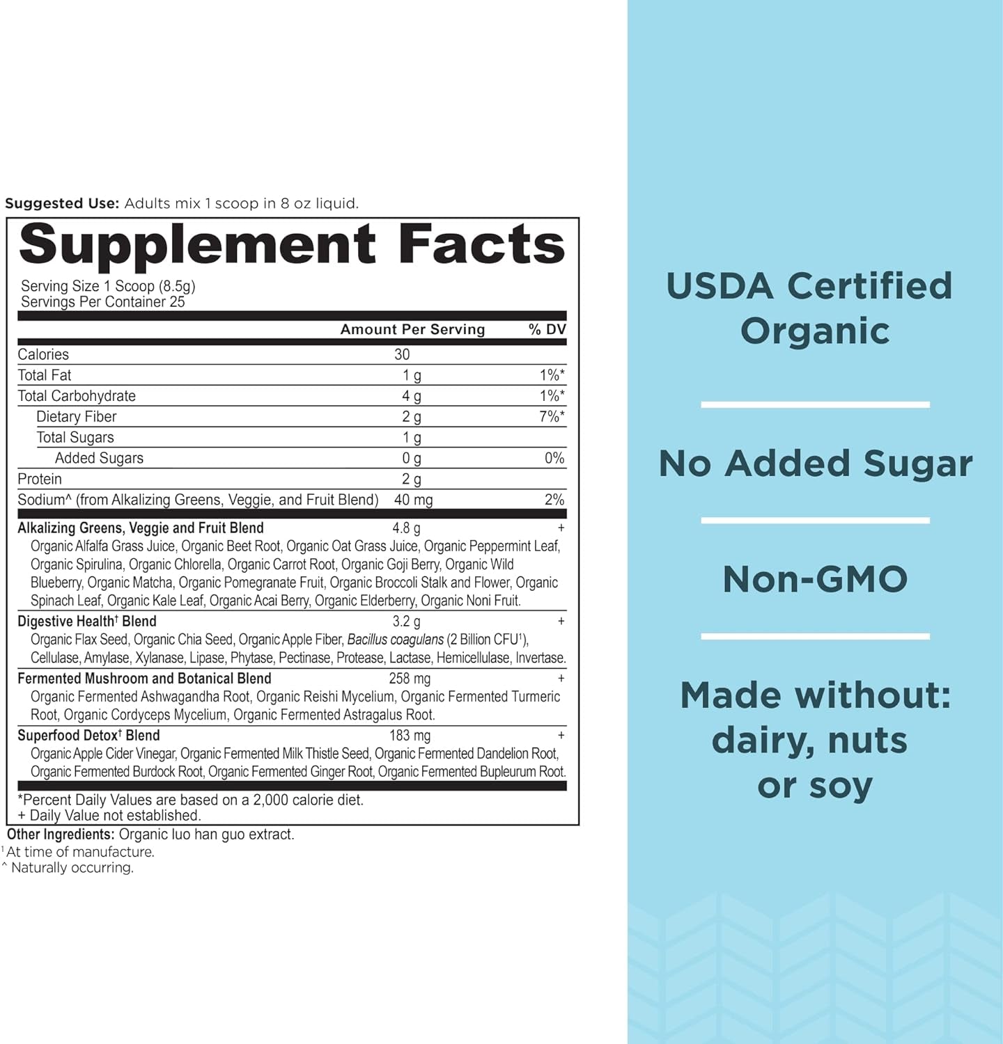 Supergreens Alkalize & Detox Powder, Organic Superfood Powder Made from Real Fruits, Vegetables and Herbs, for Digestive and Energy Support, 25 Servings, 7.5Oz